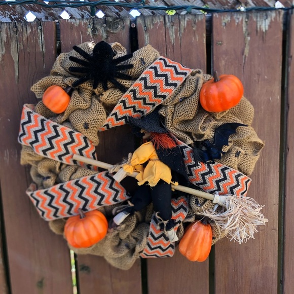 Handmade Halloween Burlap Wreath with Witch - Picture 1 of 12